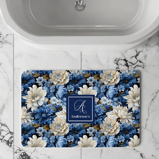 Glam Blau Elfenbein Blumen Benutzername Badematte