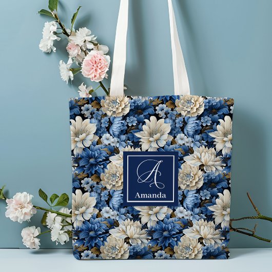 Glam Blau Elfenbein Blumen Maßgeschneiderter Name  Tasche