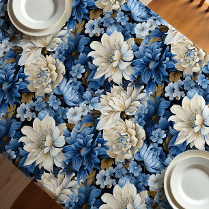 Glam Blau Elfenbein Blumen Tischdecke für Designer