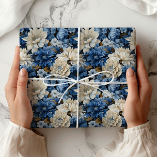 Glam Blau Elfenbein Florales Geschenkverpackungspa Geschenkpapier