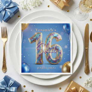 Glam Blau Gold Glitter-Ballon Sweet 16 Geburtstag Serviette
