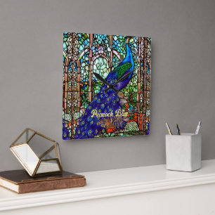 Glam Blau Lila Pfau Buntglas Quadratische Wanduhr