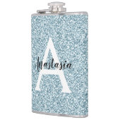Glam Blau Silber Glitter Funkeln Monogramm Name Flachmann (Links)