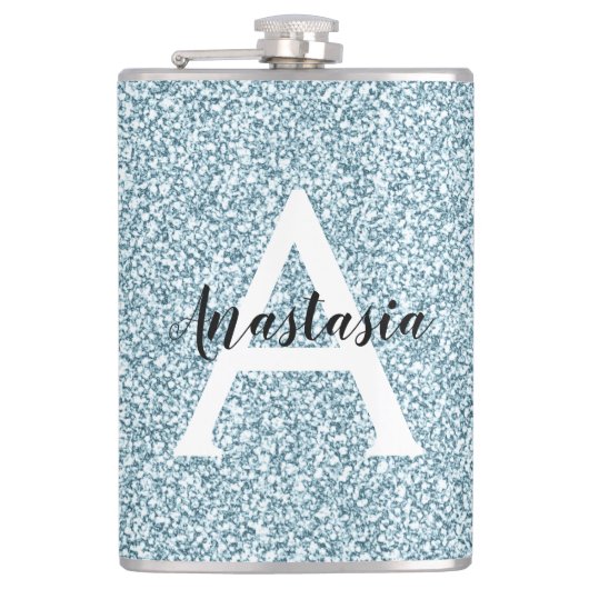 Glam Blau Silber Glitter Funkeln Monogramm Name Flachmann (Vorderseite)