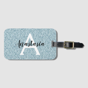 Glam Blau Silber Glitter Funkeln Monogramm Name Gepäckanhänger