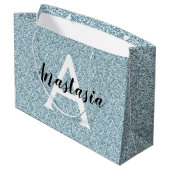 Glam Blau Silber Glitter Funkeln Monogramm Name Große Geschenktüte (Rückseite Schrägansicht)