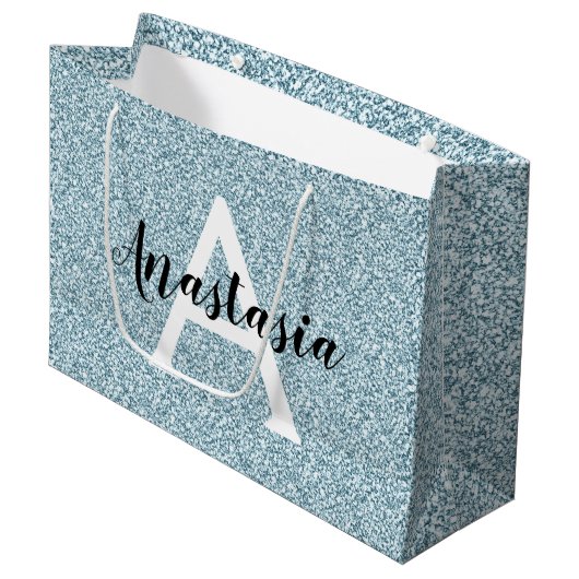 Glam Blau Silber Glitter Funkeln Monogramm Name Große Geschenktüte (Vorderseite Schrägansicht)