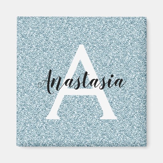 Glam Blau Silber Glitter Funkeln Monogramm Name Magnet (Vorne)