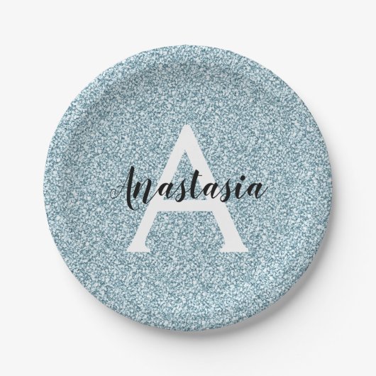 Glam Blau Silber Glitter Funkeln Monogramm Name Pappteller (Vorderseite)