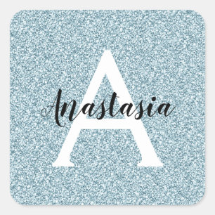 Glam Blau Silber Glitter Funkeln Monogramm Name Quadratischer Aufkleber