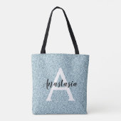 Glam Blau Silber Glitter Funkeln Monogramm Name Tasche (Rückseite)