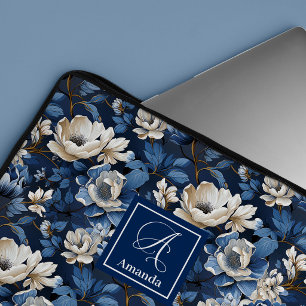 Glam Blau und Elfenbein Blumen Designer Laptop Hül Laptopschutzhülle