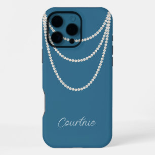 Glam Blau Weiße Perlen   iPhone 16 Pro Max Hülle