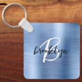 Glam Blue Brushed Metal Monogram Schlüsselanhänger (Vorderseite)
