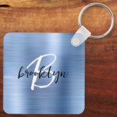 Glam Blue Brushed Metal Monogram Schlüsselanhänger (Rückseite)