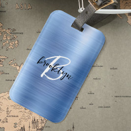 Glam Blue Brushed Metal Schwarz-weiß Monogram Gepäckanhänger