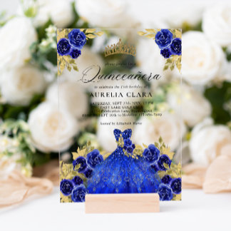 Glam Blue Dress Floral Watercolor 15. Quinceañera Acryleinladungen