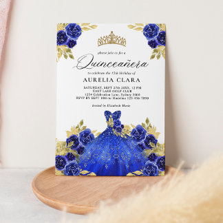 Glam Blue Dress Floral Watercolor 15. Quinceañera Einladung