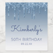Glam Blue Glitter Drip 50th Birthday Party Weinetikett (Einzelnes Label)