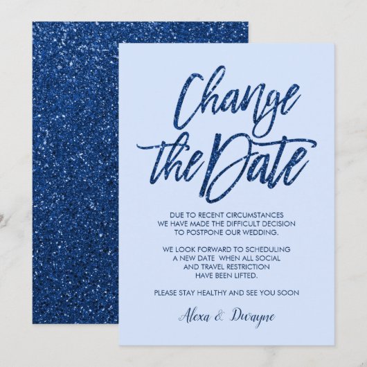 Glam Blue Glitzer storniert Verspätete Hochzeit Einladung (Vorne/Hinten)