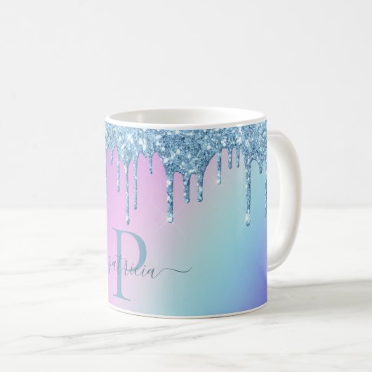 Glam Blue Glitzer Tropfen Elegante Monogram Kaffeetasse (VorderseiteRechts)