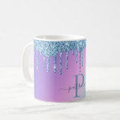 Glam Blue Glitzer Tropfen Elegante Monogram Kaffeetasse (Vorderseite Links)