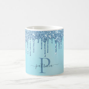Glam Blue Glitzer Tropfen Elegante Monogram Kaffeetasse