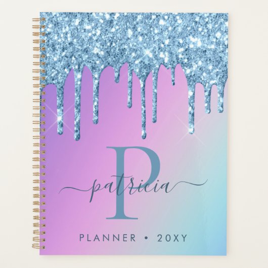 Glam Blue Glitzer Tropfen Eleganter Monogram Plane Planer (Vorderseite)