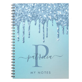 Glam Blue Glitzer Tropfen Elegantes Monogram Noteb Notizblock