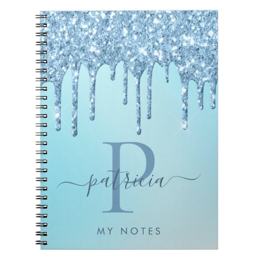 Glam Blue Glitzer Tropfen Elegantes Monogram Noteb Notizblock (Vorderseite)