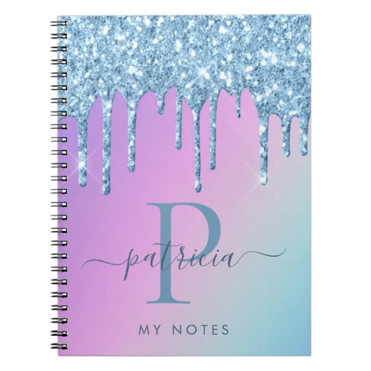 Glam Blue Glitzer Tropfen Elegantes Monogram Noteb Notizblock (Vorderseite)