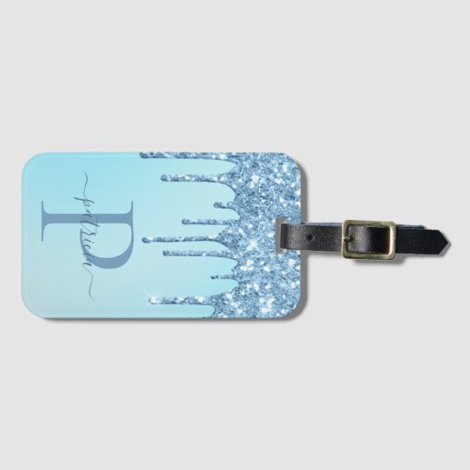 Glam Blue Glitzer Tropfen Elegantes Monogramm Gepä Gepäckanhänger (Vorderseite (Horizontal))