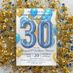 Glam Blue Gold Ballons 30. Hochzeitstag Einladung