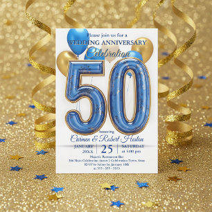 Glam Blue Gold Ballons 50. Hochzeitstag Einladung