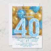 Glam Blue Gold Balloons 40th Wedding Anniversary  Einladung (Vorderseite)