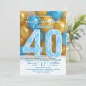 Glam Blue Gold Balloons 40th Wedding Anniversary  Einladung (Stehend Vorderseite)
