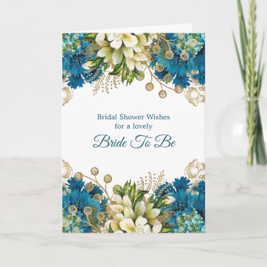 Glam Blue Gold Floral Brautparty Karte (Vorderseite)