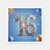 Glam Blue Gold Glitter Balloon Sweet 16 Birthday Serviette (Vorderseite)
