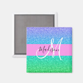 Glam Blue Green Glitzer Sparkle Gradient Monogram Magnet (Vorderseite/Rückseite)