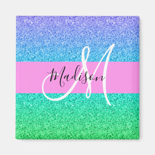 Glam Blue Green Glitzer Sparkle Gradient Monogram Magnet