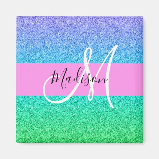 Glam Blue Green Glitzer Sparkle Gradient Monogram Magnet (Vorne)