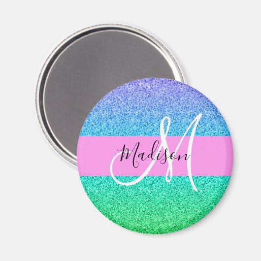 Glam Blue Green Glitzer Sparkle Gradient Monogram Magnet (Vorderseite/Rückseite)