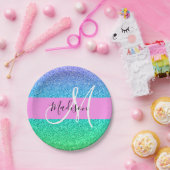 Glam Blue Green Glitzer Sparkle Gradient Monogram Pappteller (Party)