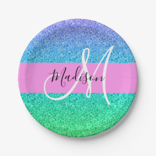 Glam Blue Green Glitzer Sparkle Gradient Monogram Pappteller