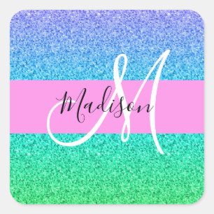 Glam Blue Green Glitzer Sparkle Gradient Monogram Quadratischer Aufkleber