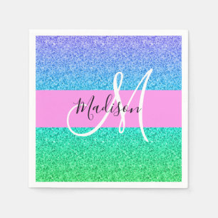 Glam Blue Green Glitzer Sparkle Gradient Monogram Serviette