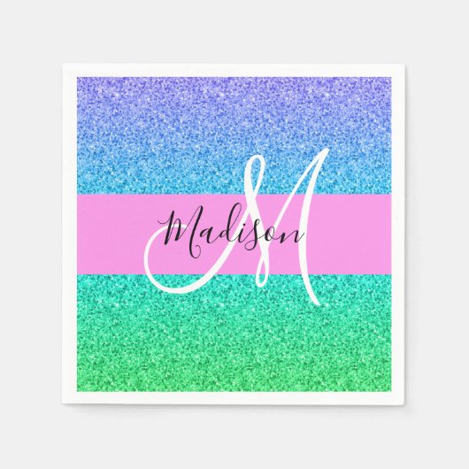 Glam Blue Green Glitzer Sparkle Gradient Monogram Serviette (Vorderseite)