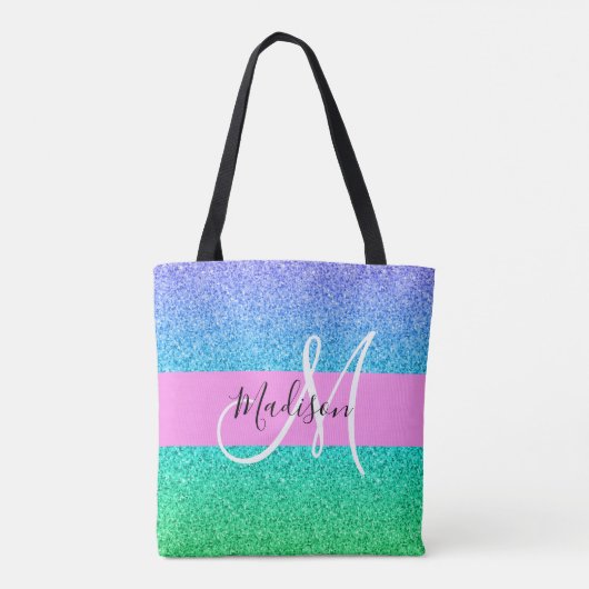 Glam Blue Green Glitzer Sparkle Gradient Monogram Tasche (Rückseite)