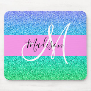 Glam Blue Green Glitzer Sparkor Monogramm Mousepad