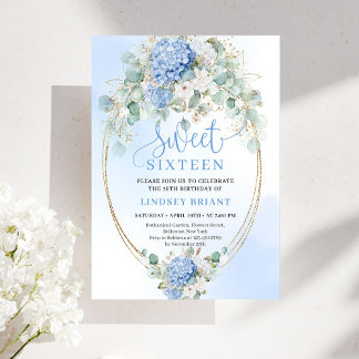 Glam Blue Hydrangeas Gold Sweet Sixteen Invite Einladung